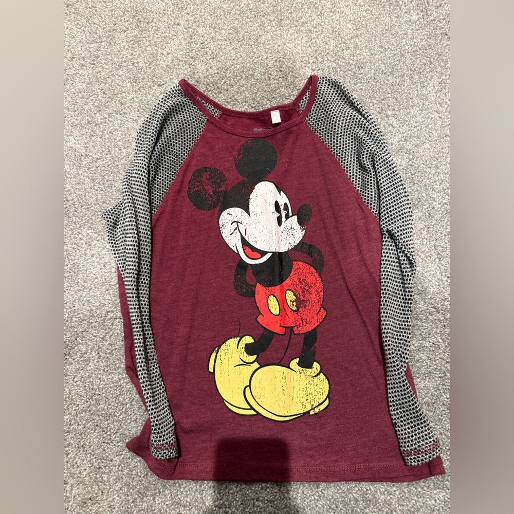 Disney Mickey Mouse Long Sleeve Shirt - Burgundy and Black XS